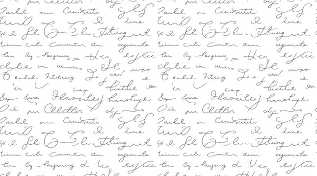 Seamless pattern of handwritten cursive script in grey ink on a white background handwriting text