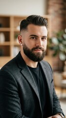 Fototapeta premium Portrait of a bearded man with a fade haircut wearing a charcoal grey blazer and black t-shirt