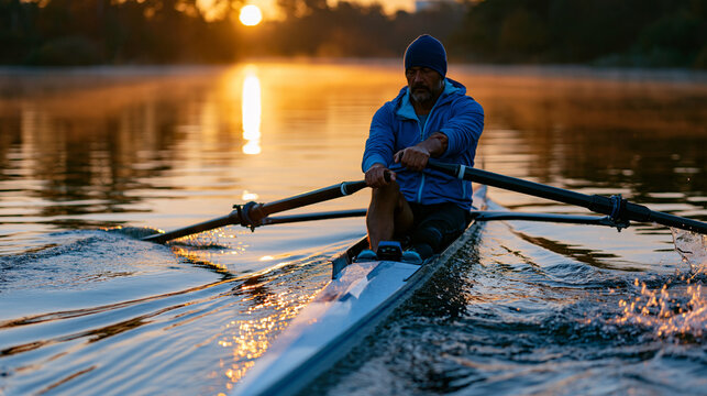 Adaptive rowing single sculler on glassy lake at sunrise, one-arm amputee athlete pulling through the catch position, specially adapted oarlock rigging, breath visible in cold morning air, Paralympi