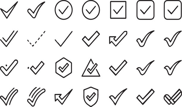 Set of 30 isolated black check mark icons with transparent background for vector art.