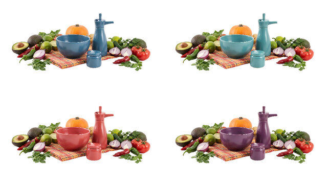 Four sets of fresh vegetables with bowls and oil cruets isolated on white png product cutout clipping path ad social media download product banner template 2026 2027 2028
