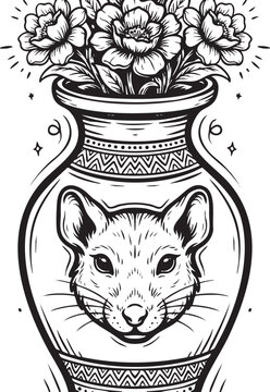 A black and white illustration of a vase with flowers and a cat's head inside the vase