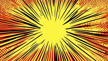Fototapeta premium Vibrant comic book style sunburst background with radial speed lines and halftone texture patterns for dynamic graphic design art.