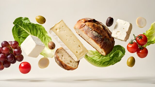 Assortment of mediterranean food ingredients including bread cheese olives and vegetables in a dynamic composition loaf crusty sourdough wheat wedge soft feta