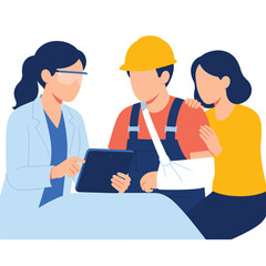 Fototapeta premium Doctor explaining medical diagnosis to injured construction worker and his wife.