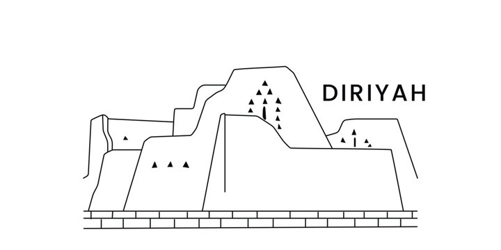 Traditional Diriyah Najdi Mudbrick Architecture Line Drawing Vector Illustration Showcasing Saudi Arabian Heritage Buildings