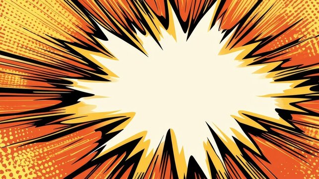 Vibrant comic book style explosion bubble with retro halftone patterns background graphic.