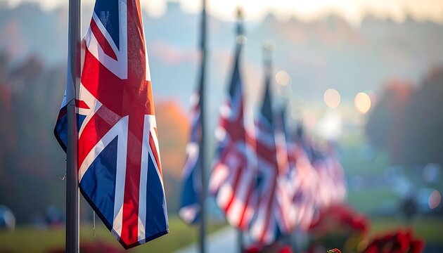 Colorful British Flags Lined Along Roadside in Soft Morning Light