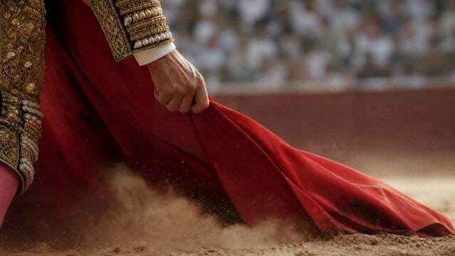 The Spectacle of the Arena: A close-up shot captures the hand of a matador gripping a red cape in a dusty arena, a moment of tension and artistry before the bullfight begins.