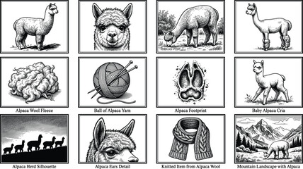 Alpaca illustrations with farm scenes and wool-related items   © Iry