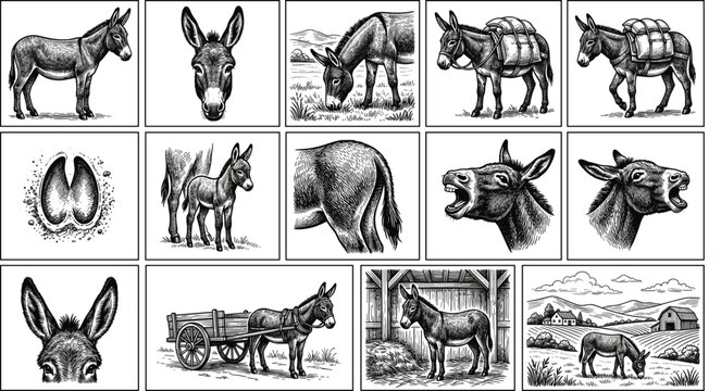 Donkey illustrations showing various poses and features in black and white  