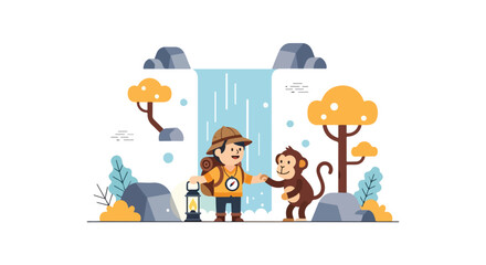 An adorable vector scene depicting a boy explorer and his monkey companion holding hands by a serene waterfall amidst a minimalist jungle landscape. © Syifa