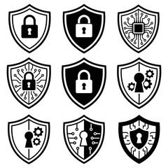 Obraz premium Collection of Cyber Security Shield Symbols in Flat Design Style on Transparent Background