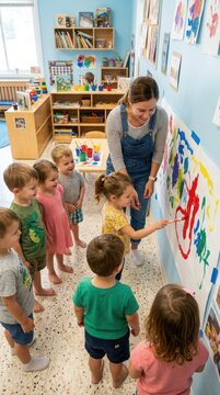 Teacher and preschool children painting on a large wall mural in a bright classroom setting
