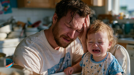 Obraz premium overwhelmed single father in small apartment kitchen at harsh midday sun pouring through window, toddler crying in high chair, dishes stacked behind him, hand pressed to forehead, exhaustion and iso