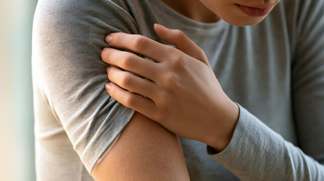 A woman scratching her itchy arm, a close-up revealing irritated skin and a dry dermatological condition