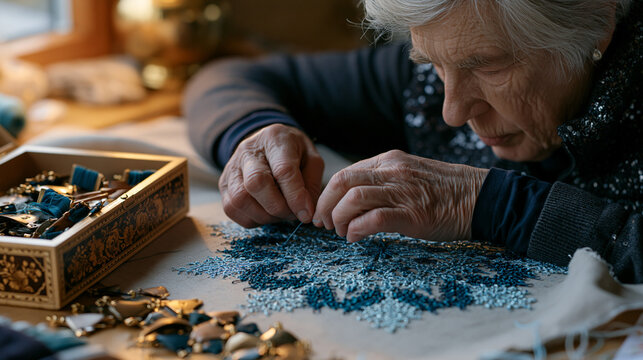 Silver-haired tatting artisan working a shuttle lace medallion at a cottage window, thread wrapped in precise knots building a snowflake repeat, a collection of antique shuttles arranged in an inlai