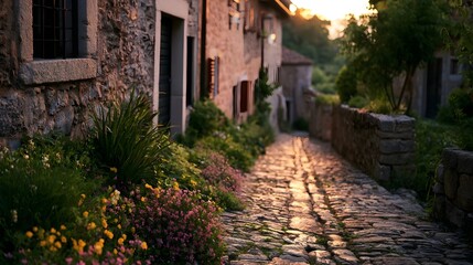 Obraz premium An unspoiled old town alley with cobblestones is bathed in a warm golden sunset glow featuring blooming wildflowers