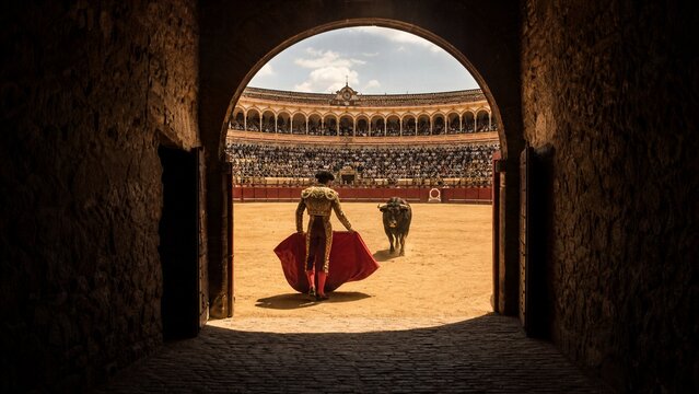 Bullfighter and Bull in Arena: A bullfighter in traditional attire, red cape in hand, faces a bull in a sun-drenched arena, with spectators filling the grandstands.