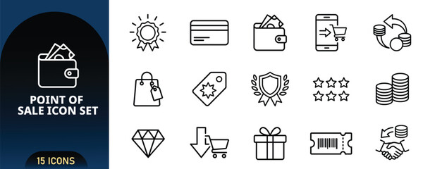Fototapeta premium Point of sale icons set, minimalist outline vector signs of retail store transaction, checkout and shopping reward including money wallet, discount price tag, barcode ticket and coin stack.