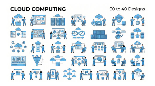 Cloud computing networking and data management vector icon set illustrating modern server solutions digital storage and secure information technology processes with computing networking security