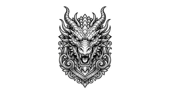 Detailed Illustration of a Fierce Dragon Head with Ornate Details.