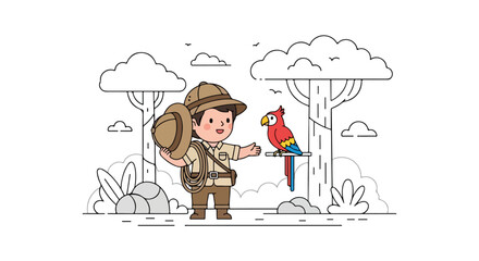 A young explorer in a safari outfit holding a hat and rope stands next to a colorful parrot in a line-art forest setting. © Syifa