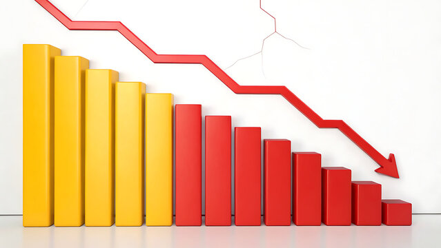 A bar chart with yellow and red vertical bars showing a downward trend with a red arrow pointing down on a white background, representing loss
