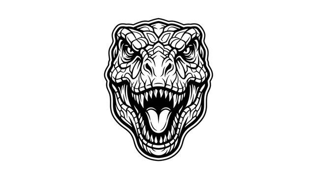 Fierce Dinosaur Head Illustration Black and White.