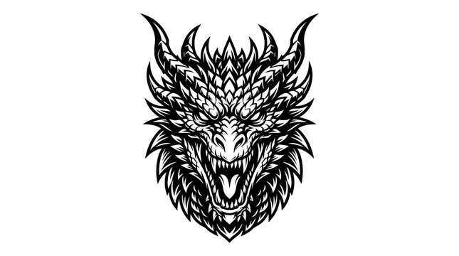Fierce Dragon Head Illustration Black and White.