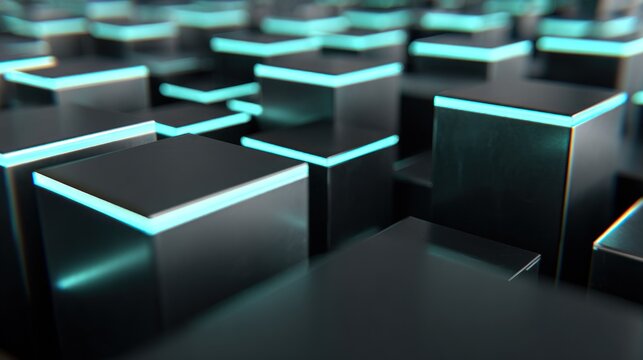 Three dimensional array of dark geometric shapes displays glowing cyan edges
