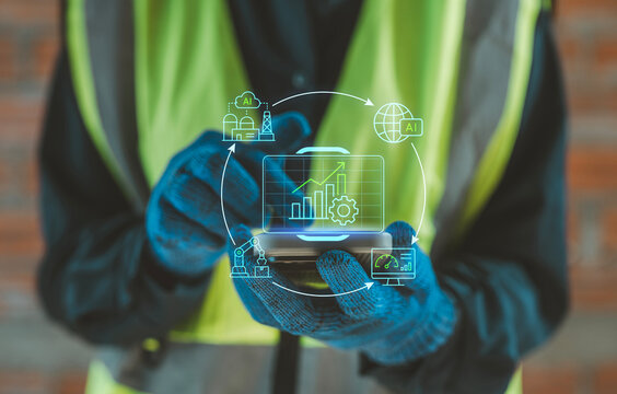 Intelligent factory industrial smart manufacturing AI IoT technology concept worker using smartphone digital hologram dashboard virtual interface data analysis automation control network optimization
