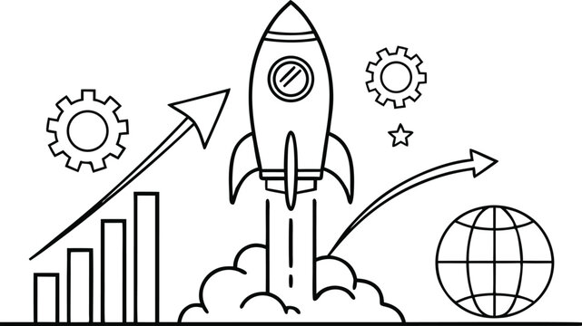 Rocket ship launch with graph gears and globe a black and white vector illustration rocketship