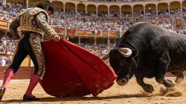 Matador's Challenge: A courageous matador, clad in ornate traditional attire, faces a formidable bull in the intense atmosphere of a bullfighting arena.