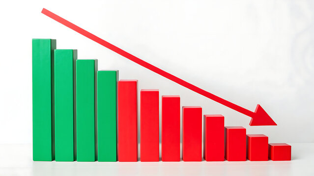 A bar chart showing a downward trend with green bars transitioning into red bars and a long red arrow indicating a decline in performance
