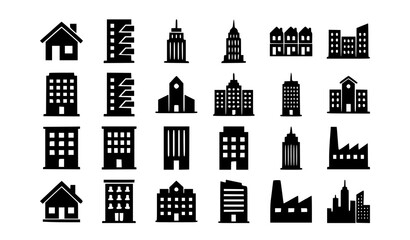 Skyscrapers and Real Estate Architecture Building Icon Bundle with Office Tower Apartment Hotel School House and Factory Vector Silhouette Symbols Set © MSTRABAYA