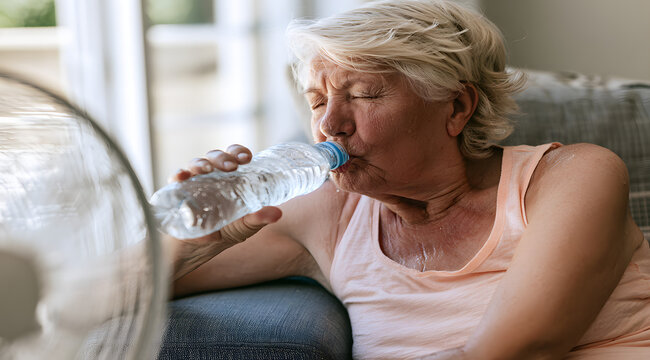 Exhausted, sweaty, senior woman drinking water from a plastic bottle at home in front of a fan during an extreme summer heatwave. Elderly dehydration and heat stroke risk concept