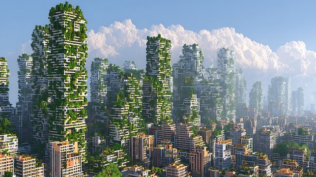 Modern city skyline with tall skyscrapers and lush green trees in daylight building