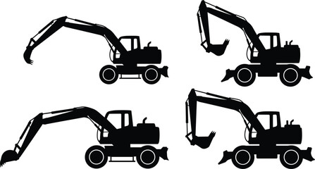 Set of Excavator Silhouettes Construction Machinery digger equipment © MdAlAmin