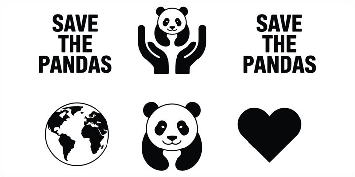 Save The Pandas Icons With Earth Heart And Hands Holding Panda Symbol giant panda globe