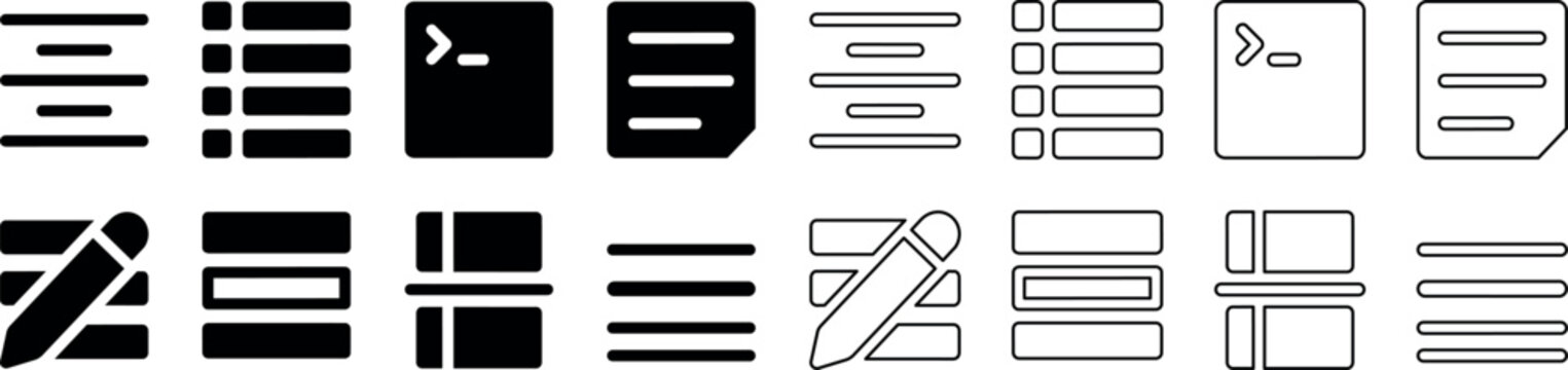 List and command line interface icons in solid and outline styles