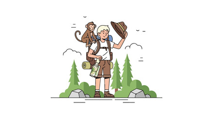 A blond adventurer stands in a forest with a monkey on his backpack, holding a map and tipping his hat in this colorful vector illustration. © Syifa