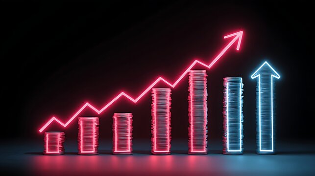 Neon glowing upward trending arrows in pink and cyan on dark background