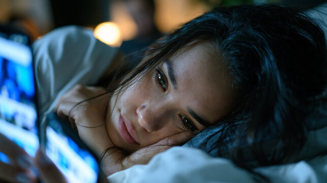 exhausted adult slumped on bed at 2am with phone screen illuminating their face in darkness, social media feed scrolling endlessly, dark circles visible, bedroom fully clothed suggesting inability t