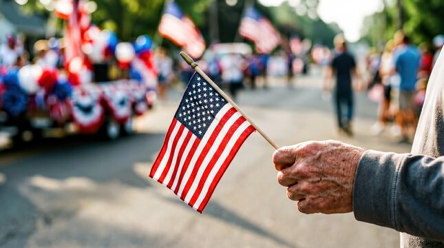 patriotic celebrations, a hand gently cradles a small cotton american flag against a festive backdrop