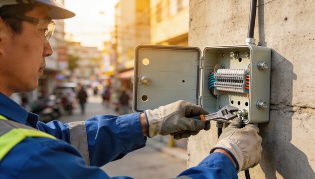 Focused technician attaching a fiber splice enclosure to an outdoor wall showing detailed mounting steps with the busy street scene blurred behind.