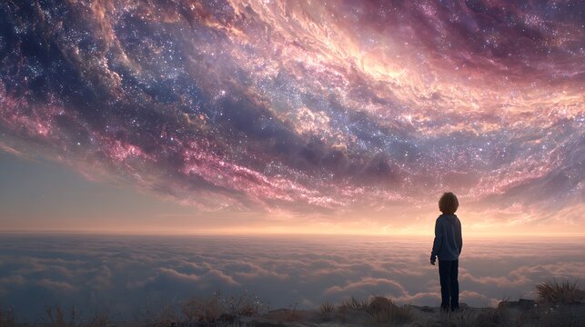 Person standing on a cliff watching a colorful sunrise over a mountain range