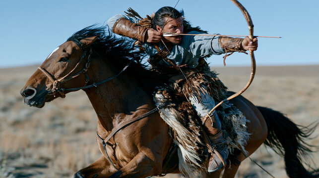 Mounted archer at full gallop on open steppe terrain, traditional recurve bow drawn and aimed sideways, horseback rider without stirrups, leather bracers on forearm, arrow nocked, ancient cavalry ar