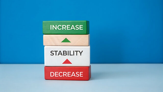 Stack of colorful wooden blocks with words increase, stability, and decrease printed on them against a bright blue background