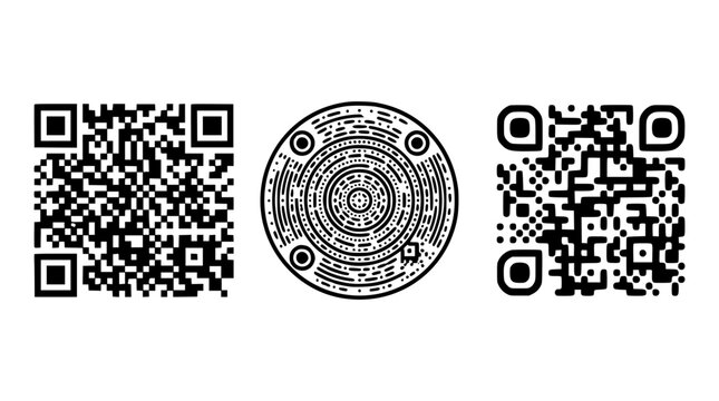 Black and White QR Code Shape Collection with Square and Circular Designs Vector Illustration
